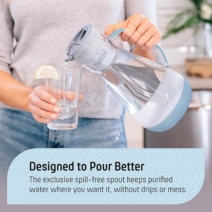 Hydros 64 Ounce Water Filter Pitcher with Patented Fast Flo Tech, 60 Second Quick Fill-Up and BPA-Free Recyclable Filter, Eight Cup Capacity, Blue