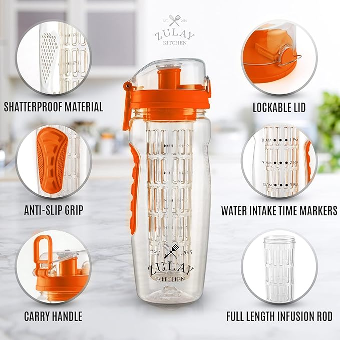 Zulay Fruit Infuser Water Bottle - 34oz - Leakproof With Full-Length Infusion Rod - Men Women's Ideal Fitness Gift Or For Gym, Camping
