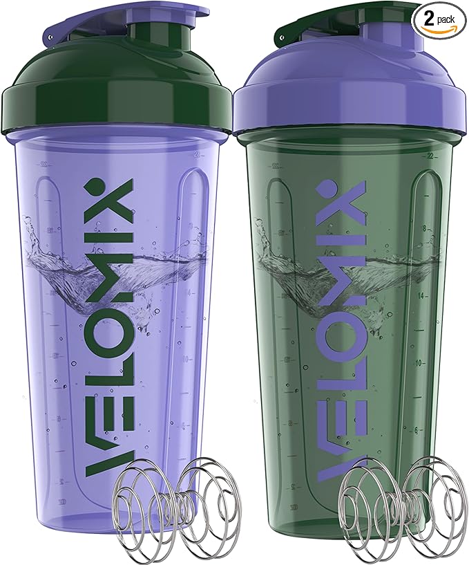 VELOMIX -2 Pack- 28 oz Protein Shaker Bottles for Protein Mixes - 2x Wire Whisk | Leak Proof Shaker Cups for Protein Shakes | Protein Shaker Bottle Pack (Green/Purple)