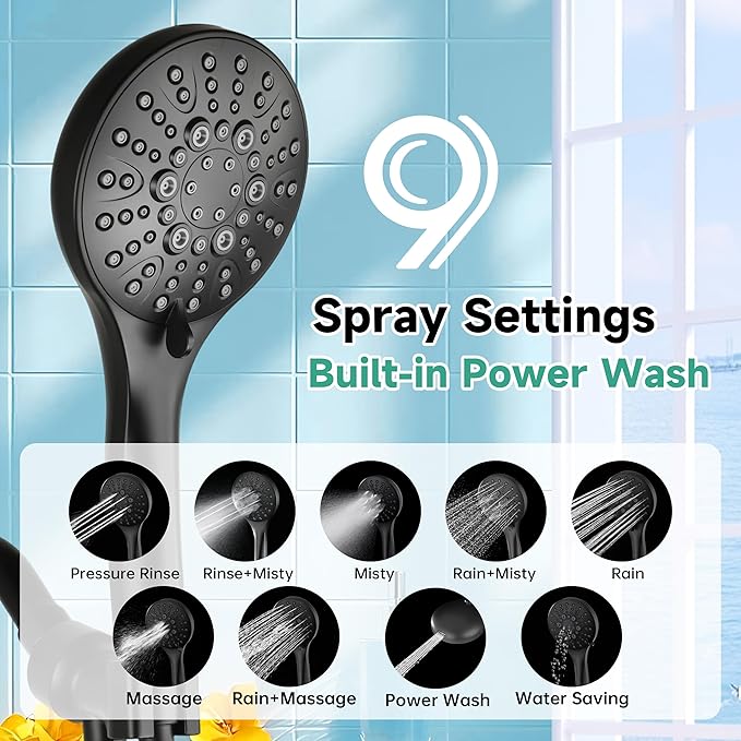 BRIGHT SHOWERS High Pressure Shower Head with Handheld, 9 Spray Settings Showerhead Built in Power Wash to Clean Tub and Pets, Extra Long 69" Hose, Adjustable Bracket, Matte Black - AquaVibe