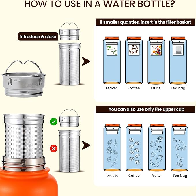 Lexlion Water Bottle Tea Infuser for Loose Leaf Brewing – Reusable & Portable Stainless Steel Filter for Fruit, Coffee, Iced, Herbal, and Black Blends – Round Strainer