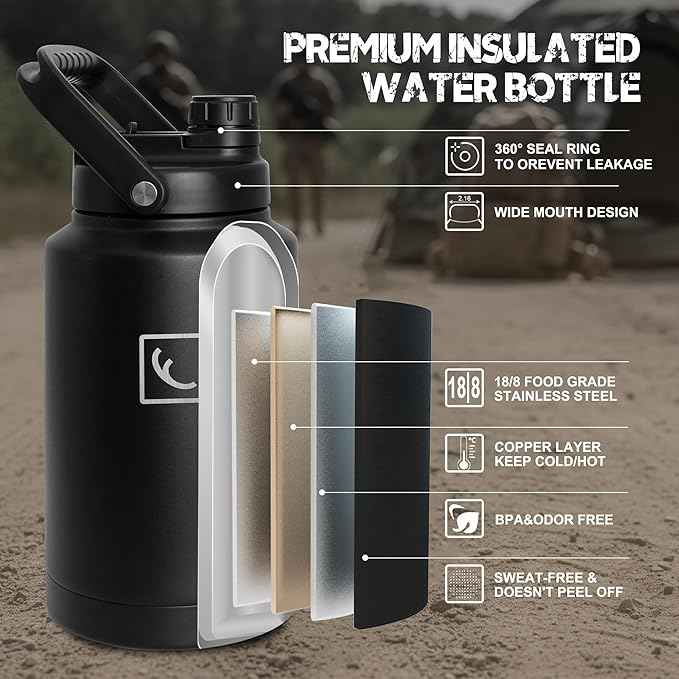 NATURE PIONEOR 1 Gallon Tactical Water Bottle Set, Stainless Steel 128 oz Sport Water Bottle with Tactical MOLLE Bottle Carrier Sleeve, for Outdoor Work, Gym, Hiking, Camping