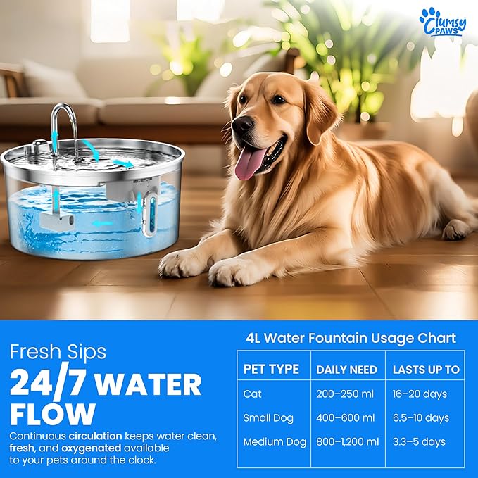 Wireless Cat Water Fountain Stainless Steel, 4L Automatic Water Dispenser for Dogs, Cats & Other pet, Quiet Filtered Drinking Fountain with Dual Water Outlets and USB Power for Indoor Use