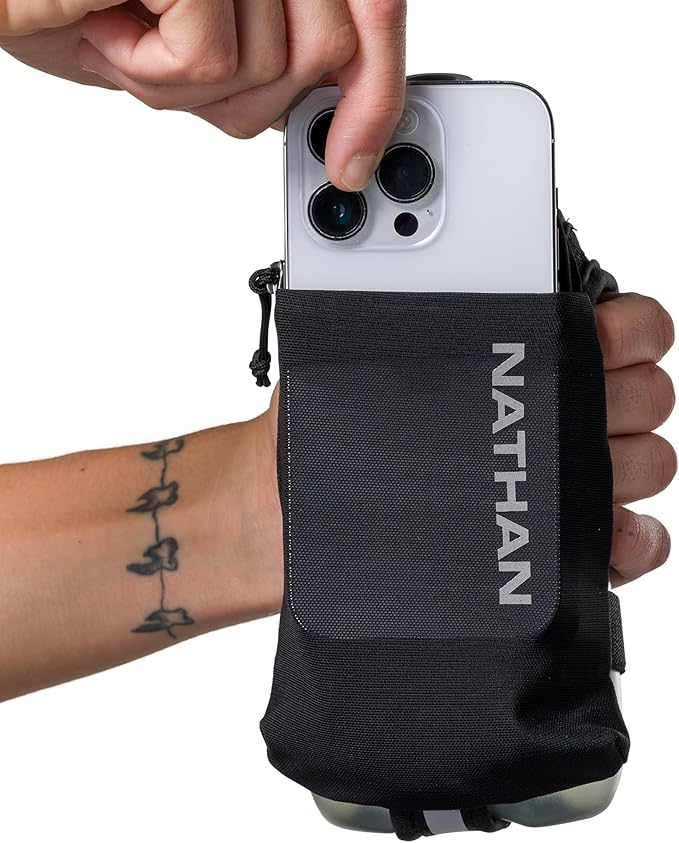 Nathan SpeedDraw 2 Insulated Handheld Running Water Bottle Flask 18oz – Double-Wall Insulation, Ergonomic Grip, Blast Valve Cap, Phone & Key Storage Pockets, Reflective Design