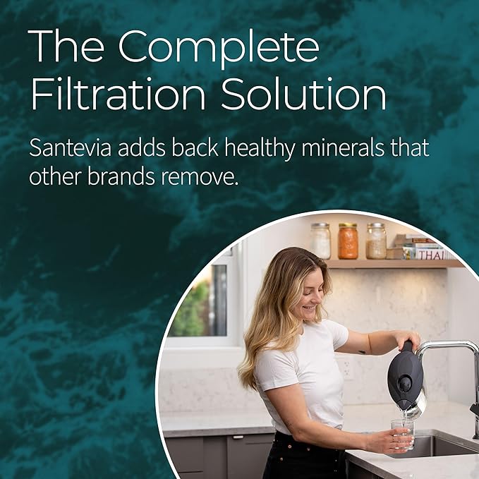Santevia MINA Alkaline Water Filter Pitcher & Single Replacment Filter | Chlorine and Lead Filter | Water Purifier Pitcher | Home Water Filtration Pitcher | 9-Cup at Home Water Filter | Made in Canada