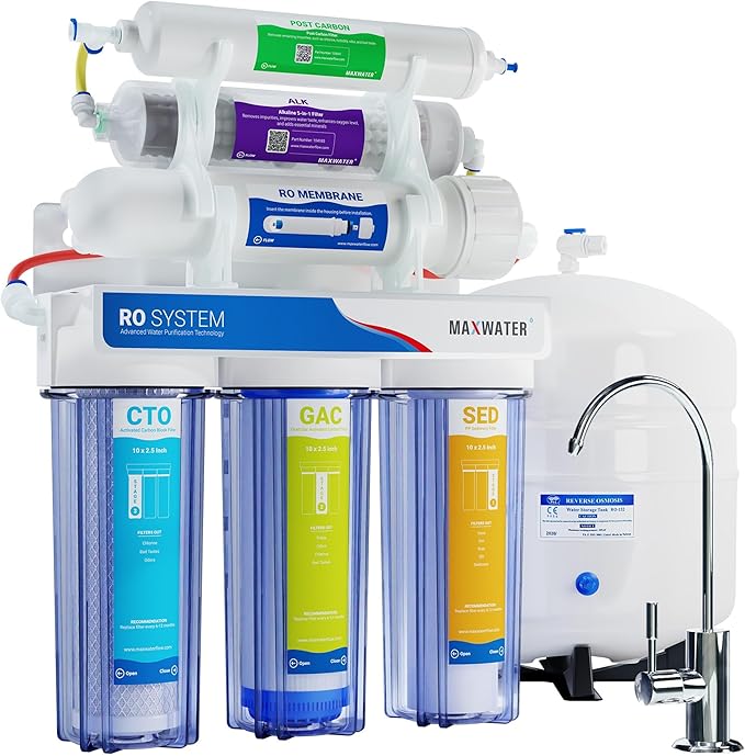 Max Water 10 Stage Under Sink RO (Reverse Osmosis) Water Filtration System + Heavy Duty Tank + Faucet - (5 in 1) PH+ Alkaline System - 50 GPD (Gallons Per Day) - Model: RO-10C1