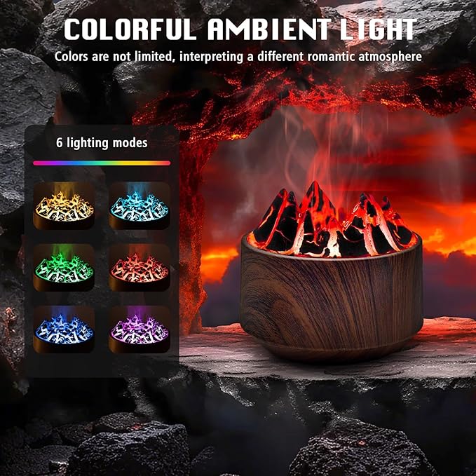 Volcano Essential Oil Diffuser, 300ml Cool Mist Humidifier with 6-Color LED Light, Auto Shut-Off, Dark Wood