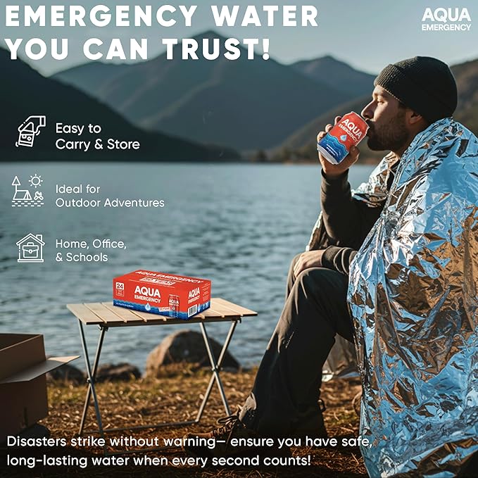 Aqua Emergency Drinking Canned Water- (48 Cans) 12 fl Oz (50 Years) Shelf Life for Everyday Hydration, Emergency, Survival Use-Purified via Reverse Osmosis | Plant-Based, BPA Free, Eco-Friendly Packaging, Made in USA -2 Case