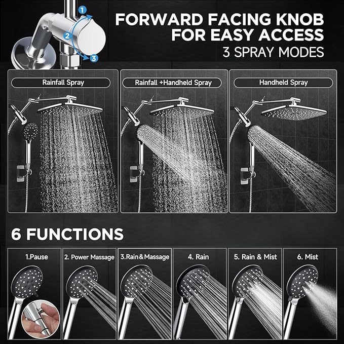 Veken Wide Rain Shower Head with Handheld, High Pressure Rainfall Showerhead Combo with Arm for Bathroom Accessories, Home Decor, Detachable Dual Shower with Multi Modes Handheld Spray, Silver Chrome