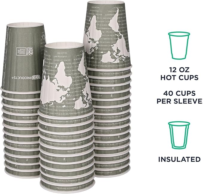 ECO PRODUCTS Compostable Disposable Insulated World Art 12oz Coffee Cups, Case of 600, Renewable Double-wall Hot Paper Cup, Plant Based PLA Lining, No Sleeves Needed, Color Coded