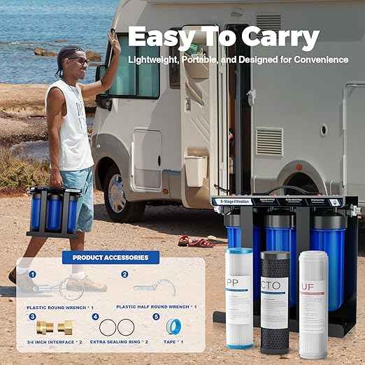 RV Water Filter System,5-Stage Water Filtration for Rvs and Campers, 0.01 Micron Filters Out Sediments, Chlorine, Vocs, Heavy Metals, Odors for Travel Trailers, Boats, 1/2" Inlet/Outlet