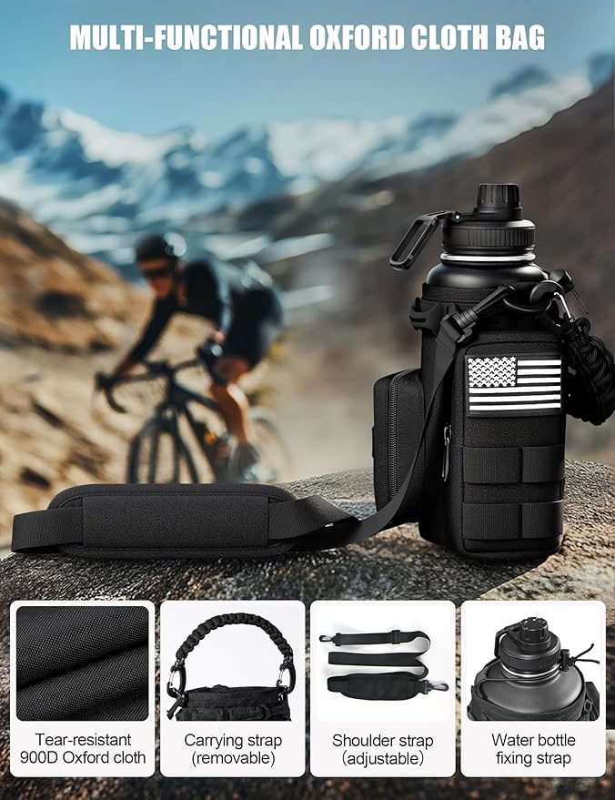 Tactical Water Bottle with Straw, 32 Oz Insulated Water Jug with Molle Water Bottle Holder, Stainless Steel Sport Bottle with 2 BPA Free Lids for Gym Workout Hiking (Black)