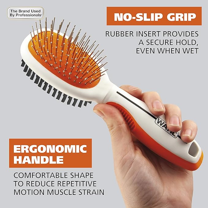 Wahl Premium Pet Double Sided Medium Pin Bristle Brush, Ergonomic Brush with Ergonomic Rubber Grips for Comfortable Brushing and Finishing Coats of Dogs and Cats – Model 858413 - AquaVibe