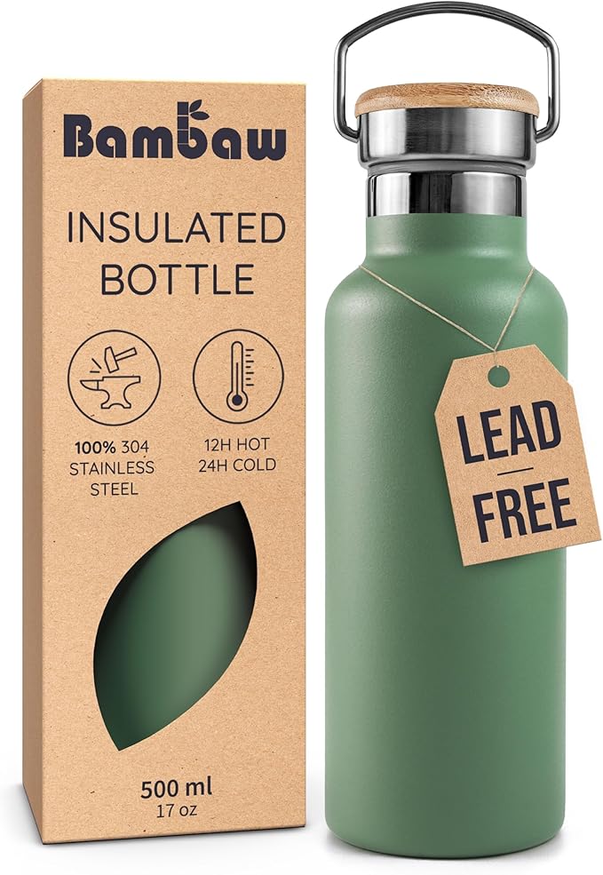 Bambaw Insulated Water Bottle 16 oz, 16 oz Stainless Steel Water Bottle with Handle Easy to Carry, Great for Travel, Work & Gym, Keeps Drinks Cold for 24h Cold & Hot for 12h (Sage Green)