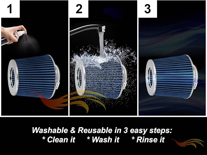 BLUE 3" 76 mm Inlet Cold Air Cone Replacement Performance Washable Clamp-On Dry Air Filter