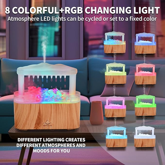 BOHOFAM Essential Oil Diffuser with Stone,Rain Cloud Humidifier, Simultaneously Water Drip and Air Mist,Aroma Diffusers has 8 Colorful and RBG Light Change for Home Bedroom