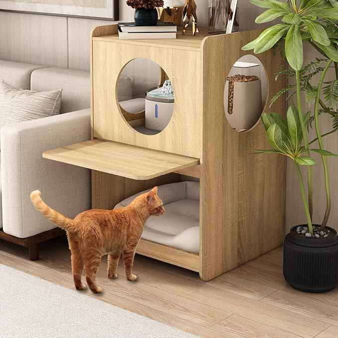 GDLF Cat Feeding Station for Water Fountain & Food, Elevated Cat Feeding Table with Spill-Proof Mat, Window Perch and Storage