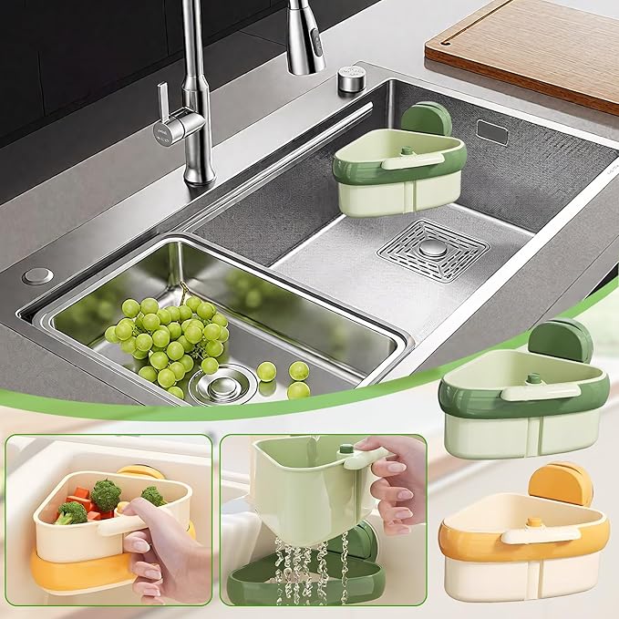 Suction Cup Sink Corner Rack,Sink Strainer Basket,Plastic Sink Storage Rack Holder,Triangle Sink Filter Basket,Corner Sink Trash Catcher for Food Waste (Orange)