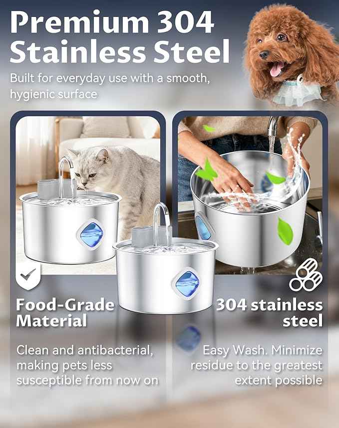 Water Bowl, Stainless Steel Dog Water Bowl for Dogs Cats (8 Filters + 4 Sponges)