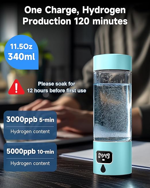 Hydrogen Water Bottle - Portable Rechargeable Water Bottle with LED Timer, Aluminum and Glass, 5000 PPB Hydrogen Production, Gift for Husband Wife Father Friend Client (CyanBlue, 11.6Oz)