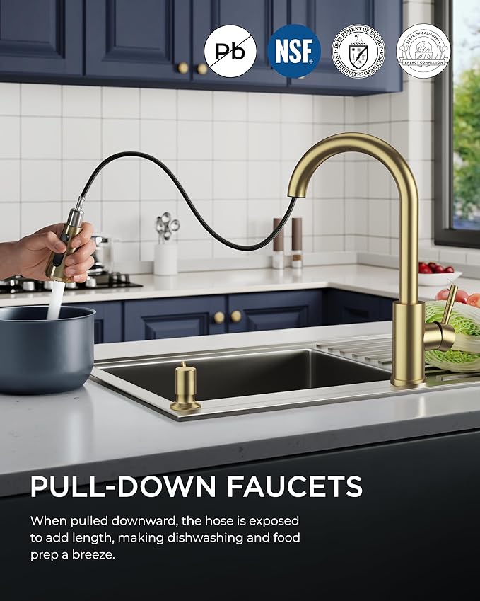 FORIOUS Gold Kitchen Faucet with Soap Dispenser, Single Handle Stainless Steel Transitional Sink Faucet with Pull Down Sprayer 1 or 3 Hole, Suitable for Farmhouse Laundry Camper RV Bar