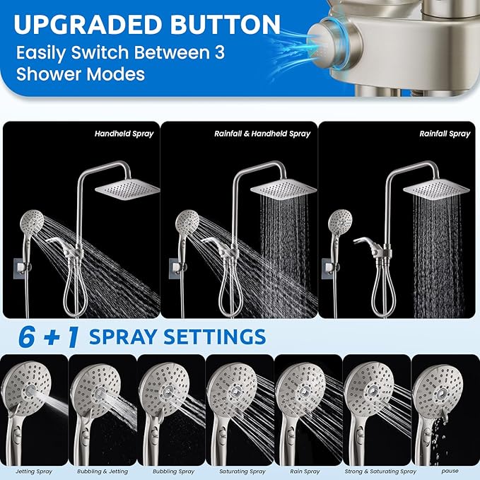 8" Dual Shower Head Combo, High Pressure Rainfall Shower Head with Handheld, 6 Spray Settings Angle Adjustable Handheld Shower Head with Pause, Height Adjustable, Brushed Nickel