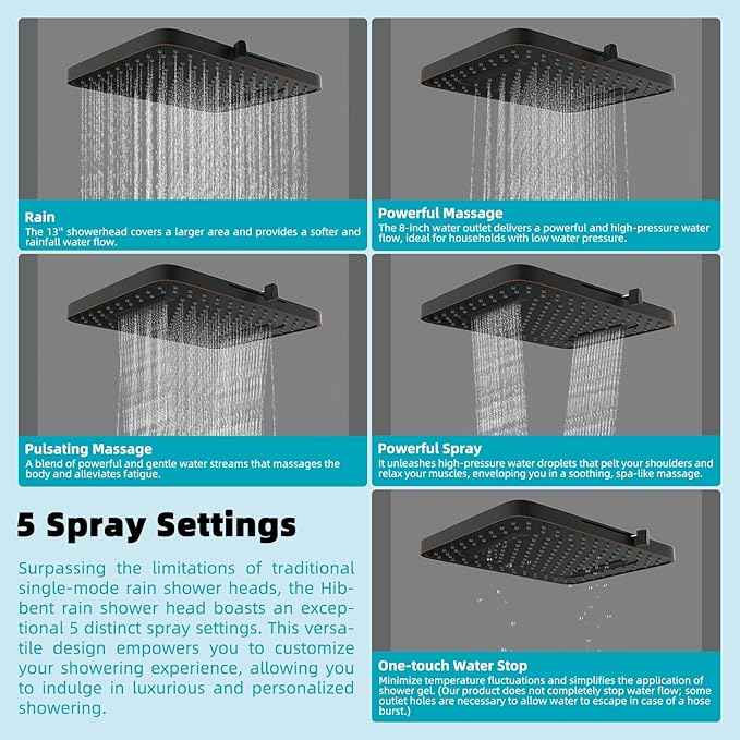 Hibbent Rain Filtered Shower Head, 13'' High Pressure Rainfall 5 Modes Showerhead with 16" Shower Head Extension Arm, Brass Adjustable Shower Arm Extender, 20 Stage Shower Filter, Oil Rubbed Bronze