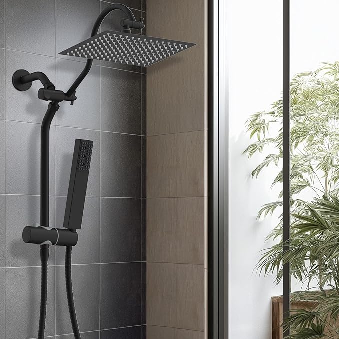 Hibbent cUPC Certified High Pressure 12'' Rainfall Shower Head, Showerhead Combo with 4-mode Handheld Spray, 12'' Adjustable Extension Arm, Extension Bar, Easy Reach Holder, 71'' Hose, Matte Black