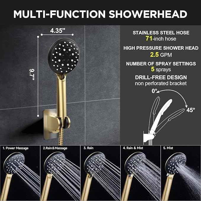 Veken 11.8" Rain Shower Head with Handheld, High Pressure Handheld Shower with Multi Spray Modes, Rainfall Combo with Metal Extension Arm, Detachable Dual Showerhead, Bathroom Decor, Gold