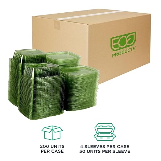 ECO PRODUCTS Compostable 24oz Rectangular Deli Containers With Lids, Case of 200, Veridian Clear Green Meal Prep, Made from PLA, A Renewable Material Made from Plants, One Lid Fits All