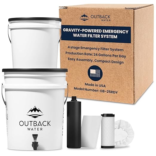 Outback Emergency Water Filter System for Survival Kit, Camping Gear, & Bug Out Bag - 4-Stage Water Filtration System, Purifies 24 GPD, Made in USA Gravity Water Filter, Field Tested for 20+ Years