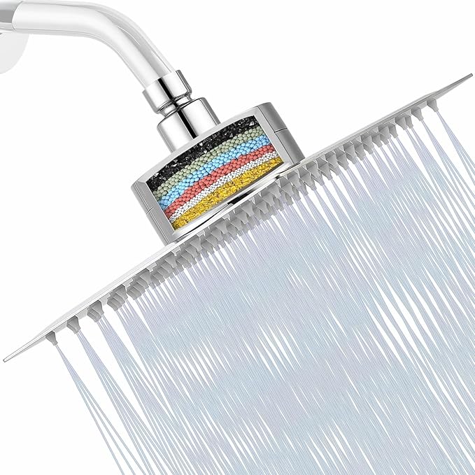 Filtered Shower Head, Stainless Steel High Flow Rainfall Showerhead with 15 Stage Hard Water Filter Cartridge for Remove Chlorine and Harmful Substances(Chrome,10")