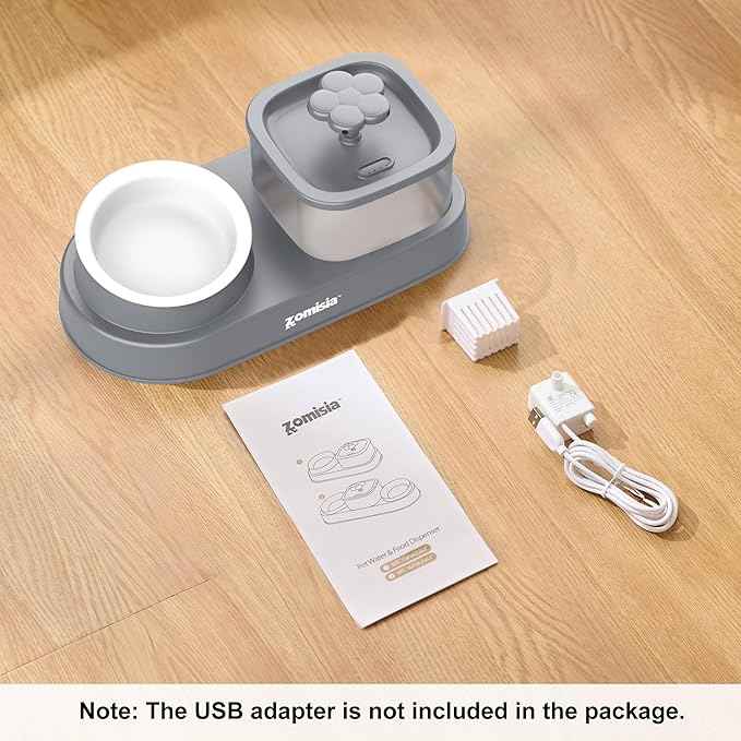 Cat Water Fountain and 1 Ceramic Food Bowl - 2 in 1 Ultra Quiet Automatic Pet Food and Water Bowl Set for Kitty, Gray (No Adapter)