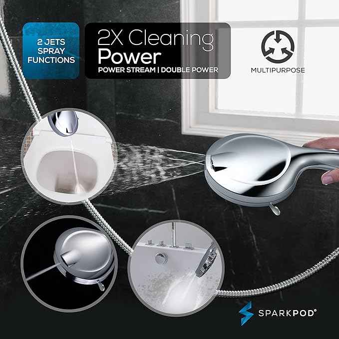 SparkPod 10-Mode Handheld Shower Head with Filter - 5" High Pressure Filtered Shower Head with Touch-to-Clean Nozzles, Built-In Power Jet, Stainless Steel 6ft Hose & Bracket (Polished Chrome)