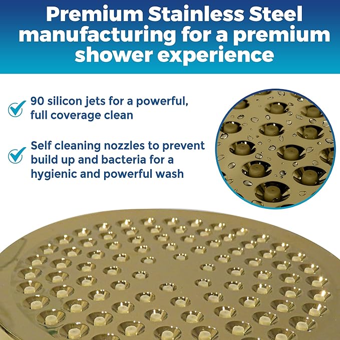 High Pressure Shower Head - Anti-Clogging Silicone Nozzles - 2.5 GPM Removable Restrictor - Easy to Clean Adjustable Replacement - easy to install with Plumbers Tape - 6 inch - Elegant Gold Finish - AquaVibe