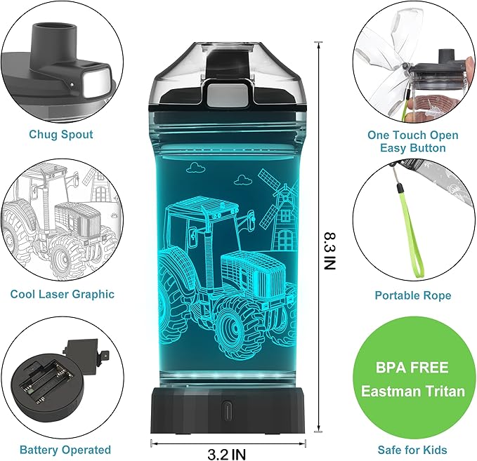 Lightzz Kids Water Bottle, Glow in The Dark Monster Truck & Tractor Water Bottle, Gifts for Boys Back to School Birthday Christmas Holiday