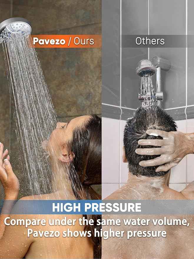 Pavezo® High Pressure Handheld Shower Head with Filter, ON/OFF Switch Pause Button, 10-mode Shower Head with Hard Water Softener Filters, SS Hose, Anti-clog & Powerful Clean Tile & Pet, Premium Chrome