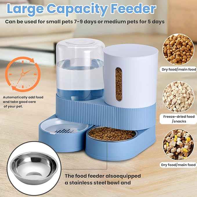 2 Pack Automatic Cat Feeder Stainless Steel Water Dispenser Gravity Food Feeder and Waterer Set with Pet Food Bowl for Small Medium Kitten Puppy Pets Large Capacity(Blue)