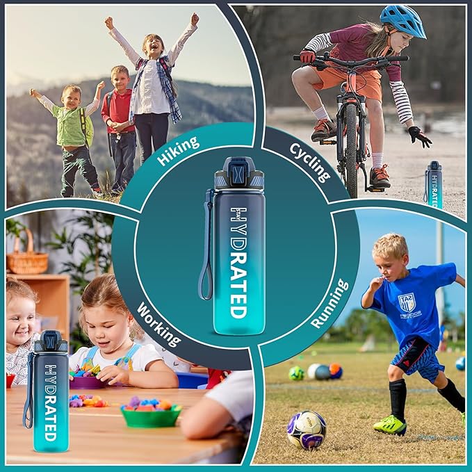 Water Bottle with Straw, 27oz Motivational Water Bottles with Time Marker to Drink, Tritan BPA Free, 750ml Sports Water Bottle with Carry Strap LeakProof for School Fitness Outdoor (1Pack)