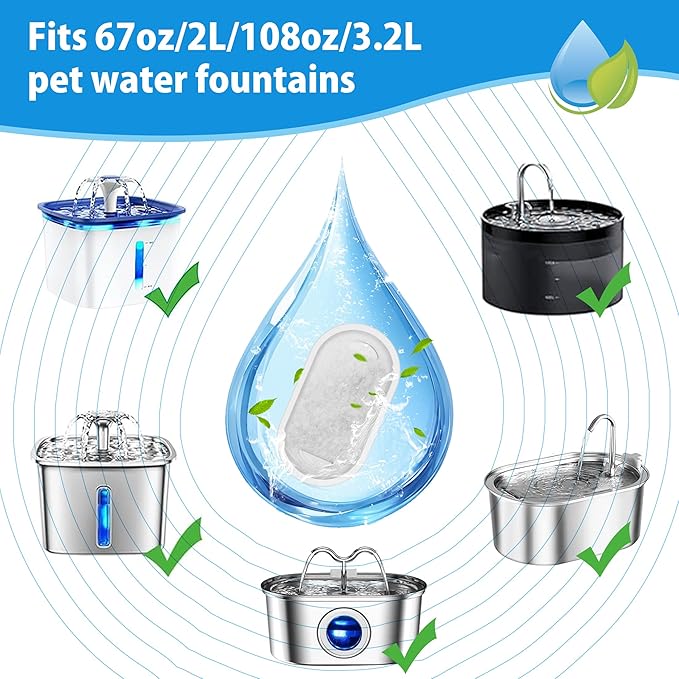 Cat Drinking Fountain Replacement Filter - Fits 67 oz/2 L and 108 oz/3.2 L Stainless Steel Drinkers - Activated Carbon and Ion Exchange Resin Filter - Pet Drinking Fountain Filters (12 Pack)