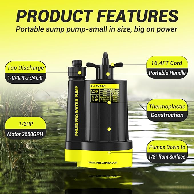 Sump Pump 1/2HP Submersible Water Pump, 2650GPH Utility Pump Thermoplastic Electric Portable Transfer Water Pump for Swimming Pool Garden Pond Basement with 16.4ft Long Power Cord