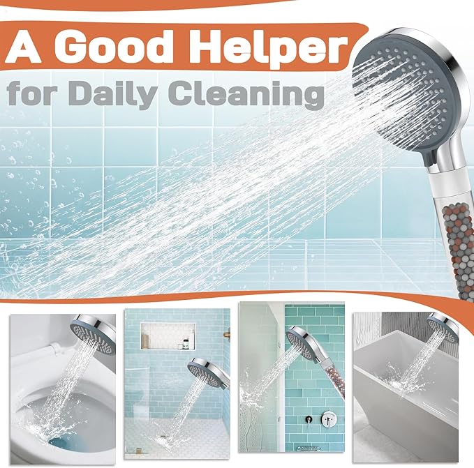 YDmeet Filtered Handheld Showerhead with 30-Inch Shower Slide Bar Set, 3-Mode Spray Setting, Long Metal Hose, Extra 6 Packs Replacement Mineral Balls for Refills, Chrome - AquaVibe