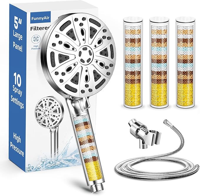 Filtered Shower Head with Handheld, FunnyAir Filtered Shower Head with 3-PCS Filters For Hard Water, 10-Spray Modes 5" High Pressure Shower Head, 2 Built-in Power Jets Shower Heads, Chrome