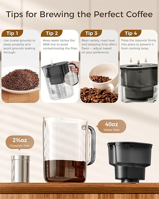 Waterdrop Cold Brew Coffee Maker with 1 Magnesium Water Filter, Well-Balanced Acidity, Unlocks Flavor and Aroma, BPA-Free, Precision Fine Mesh Filter for Iced Coffee, Tea, Lemonade, Black