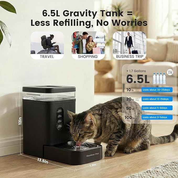 Gardner Pet 1.7 Gallon Automatic Dog Water Bowl Dispenser 6.5L Gravity Water Feeder with Stainless Steel Bowl & Maifan Stone Filter, BPA-Free for for Cats and Dogs (Black, 1.7 Gallon)