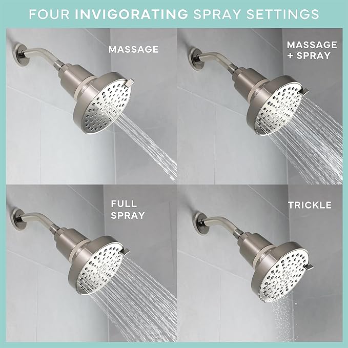 SEVENTY 4-Setting Filtered Shower Head with Shower Filter in Brushed Nickel – Helps Reduce Chlorine and Impurities for Healthier Hair, Skin and Scalp, Easy to Install (Model 12156)