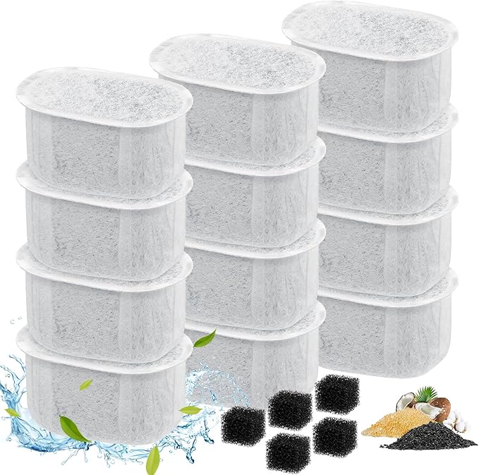 Lemonfilter Cat Water Fountain Filter, 12 Pack Replacement Filters & 5 Pack Sponges Kit Compatible With W300&W300B&W500&W500B Cat Water Fountain for 2L and 3.5L Automatic Pet Fountain