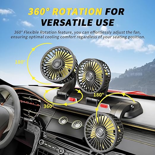 Portable 3-Head Car Cooling Fan - 2-Speed Adjustable, 360° Rotating, Cigarette Lighter Plug, Powerful Airflow for Vehicles, RVs, and SUVs