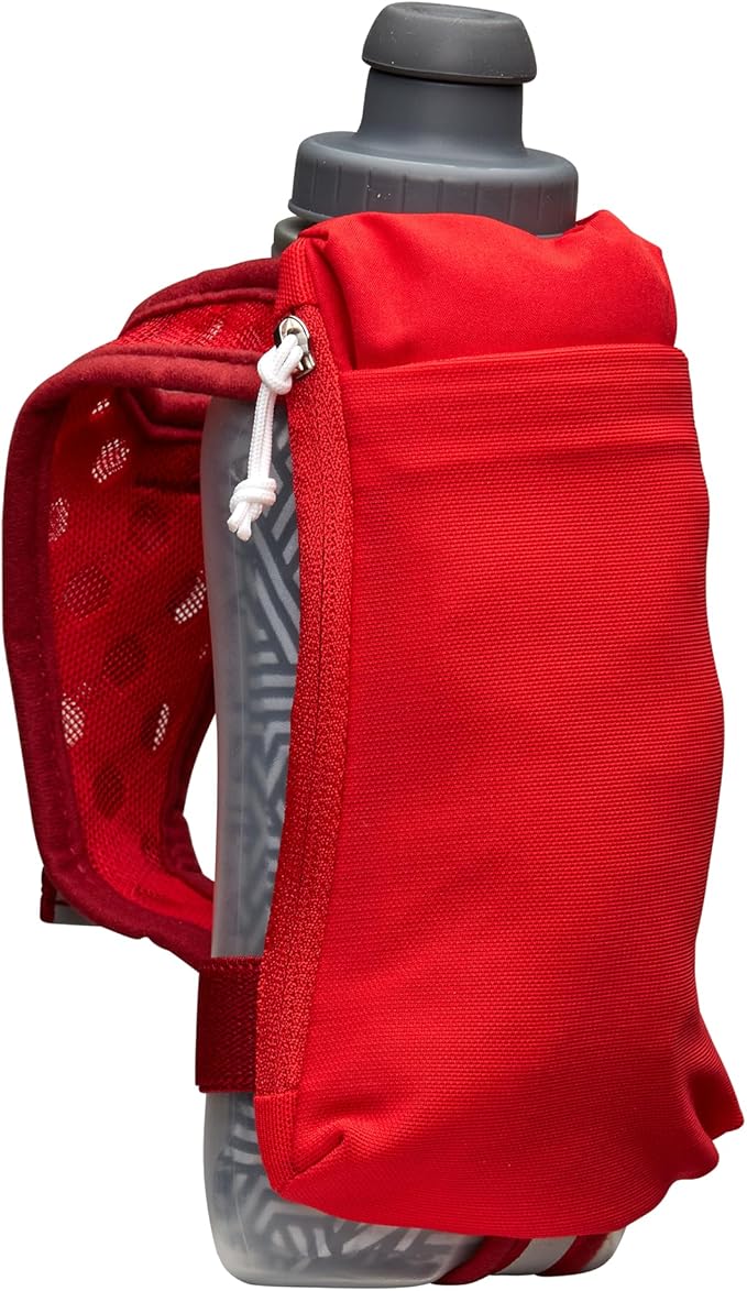 Nathan SpeedDraw 2 Insulated Handheld Running Water Bottle Flask – Double-Wall Insulation, Ergonomic Grip, Blast Valve Cap, Phone & Key Storage Pockets, Reflective Design - 12oz Insulated - Ribbon Red