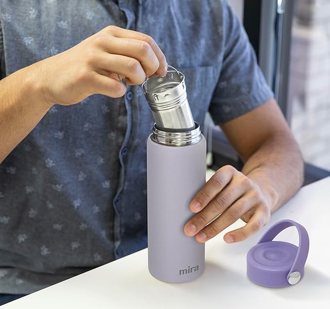 MIRA 18 oz Tea Infuser Thermo - Stainless Steel Travel Bottle with Removable Strainer for Loose Leaf Tea - Insulated Hot & Cold Brew Steeper - Heather